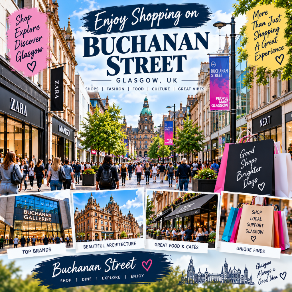 Buchanan Street in Glasgow UK with shopping stores, historic buildings, cafés, pedestrians, and busy city streets