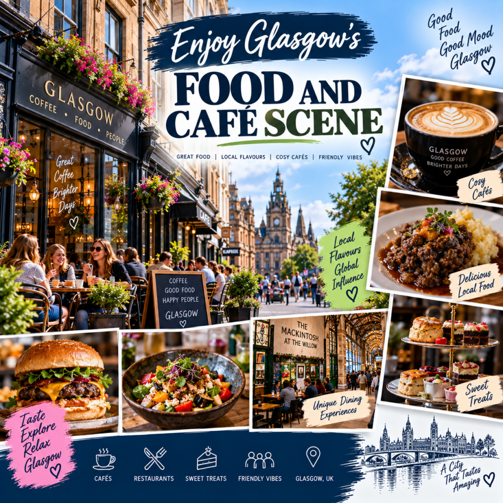 Glasgow food and café scene with restaurants, cafés, local dishes, desserts, coffee, and busy city streets