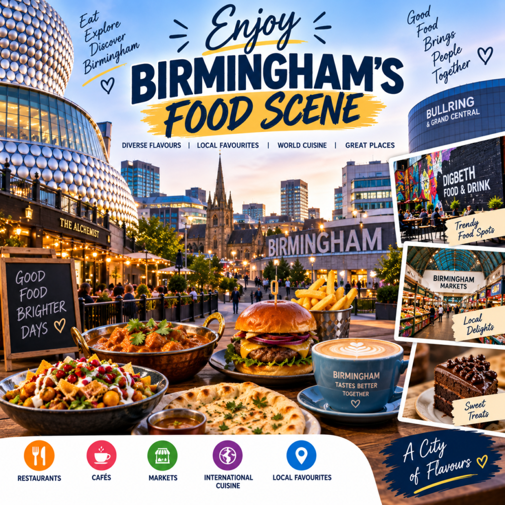Birmingham food scene with local dishes, restaurants, cafés, markets, international cuisine, and city views