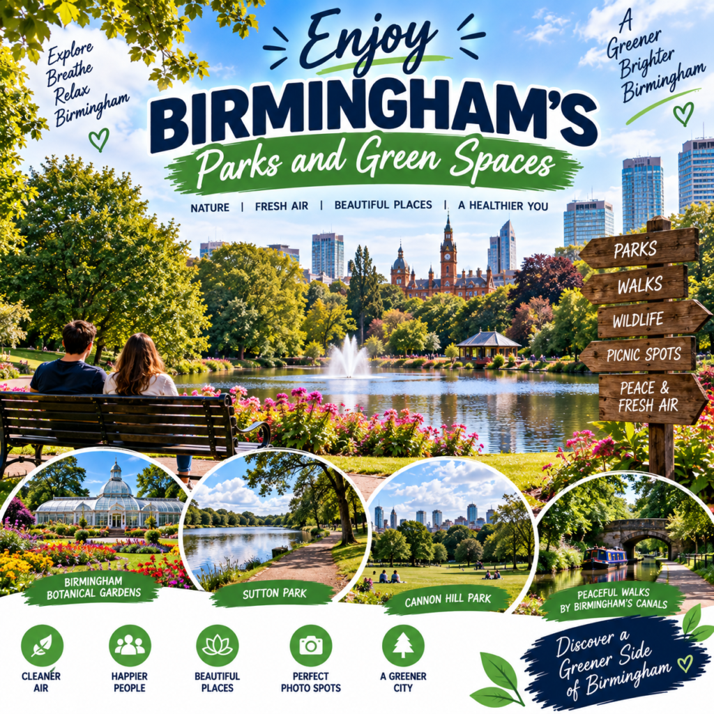 Birmingham parks and green spaces with gardens, lake, flowers, walking paths, trees, and city views